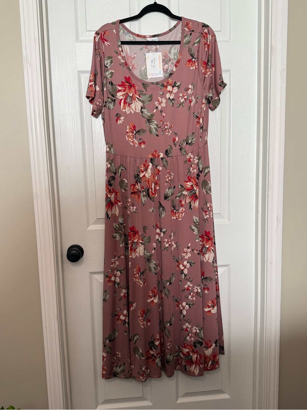 LuLaRoe Floral Scoop Neck Midi Dress - Dusty Rose with Red & Green Accents
